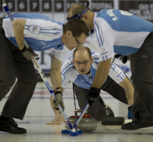 2015, Calgary Ab, Tim Hortons Brier, Quebec skip Jean Michel Menard,.ead Phillipe Menard, second Eric Sylvain, Curling Canada/michael burns photo