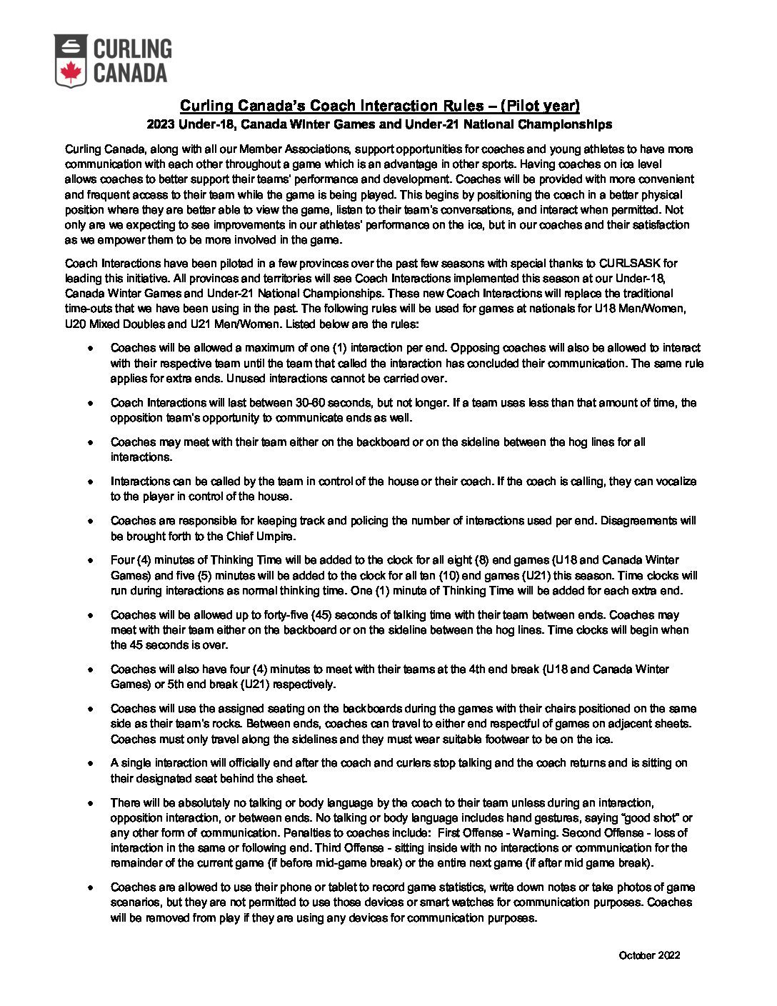 Curling Canada’s Coach Interaction Rules (2023 Pilot year) Curling Québec
